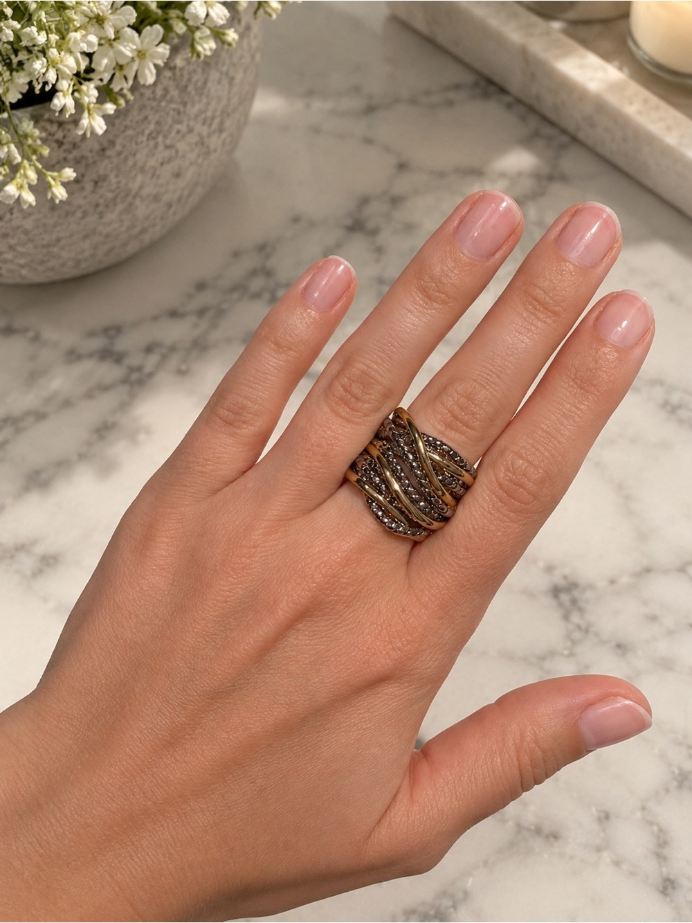 Mixed Metal Cable Crossover Pavé Crystal Statement Ring Size 7